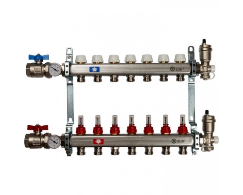 Коллектор Stout SMS 0907 из нержавеющей стали в сборе с расходомерами 7 вых.